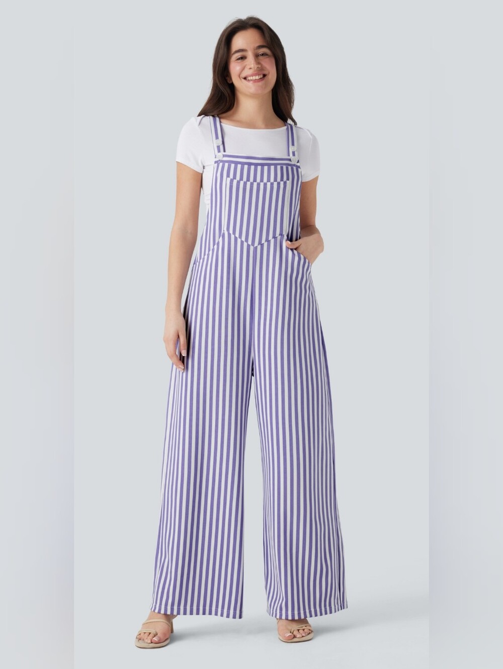 HALARA Lavender and White Striped Wide-Leg Jumpsuit